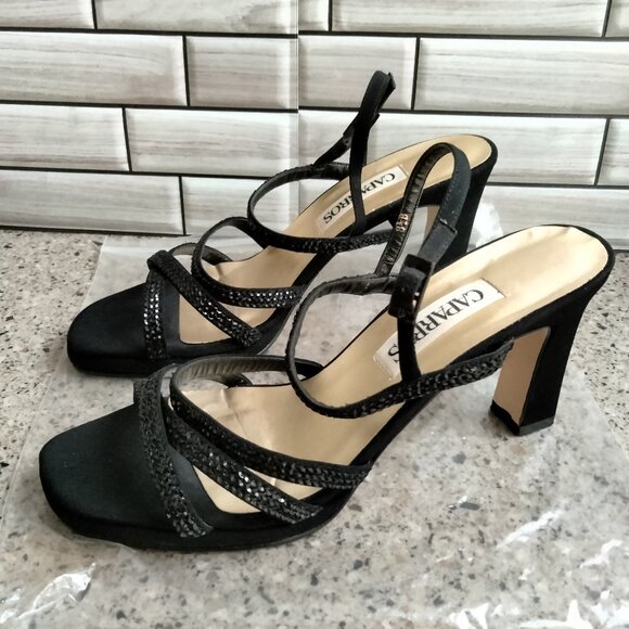 Black Sequined Strappy Open-Toe Evening Heels - Picture 1 of 8